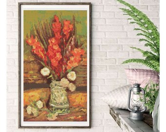 PATTERN PDF  Vase with Red Gladioli Cross Stitch Pattern, Floral Embroidery Chart PDF, Vincent van Gogh