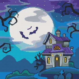 May include: A cross-stitch pattern featuring a large white full moon in a dark purple and blue night sky. A two-story house with a purple roof and glowing yellow windows sits on a hill. Bare, dark tree branches frame the scene, and small tombstones are visible in the foreground.