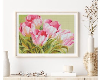 PATTERN PDF  Pink Tulips Cross Stitch Pattern, Floral Embroidery Chart PDF