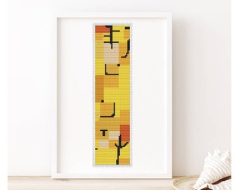 PATTERN PDF Characters in Yellow Bookmark Cross Stitch Pattern, Abstract Embroidery Chart PDF, Paul Klee