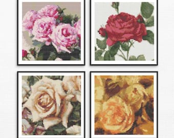 Four Squares featuring Roses Counted Cross Stitch Kit, Art Embroidery
