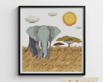 ザンビア　象デザイン　クロス クロスステッチキット アフリカゾウ、ゾウの刺繍、サバンナの風景