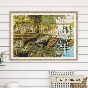 Bagno a La Grenouillere Schema punto croce Claude Monet Arte impressionista PDF Schema ricamo Barche fluviali Download istantaneo Fai da te