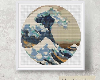 The Great Wave Circular Counted Cross Stitch Kit, Katsushika Hokusai, Asian, Japanese Embroidery