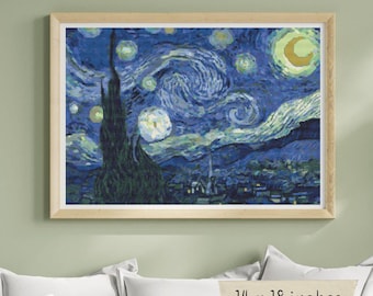 The Starry Night Cross Stitch Pattern PDF, Vincent van Gogh, Landscape Embroidery