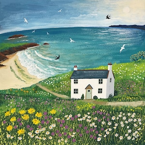 Print of English seaside with white cottage, seagulls and swallows from an original acrylic painting 'Seaside Cottage' by Jo Grundy
