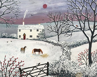 Print on paper of English countryside in winter with snow, white cottage and horses from an original acrylic painting 'Winter Grazing' by Jo