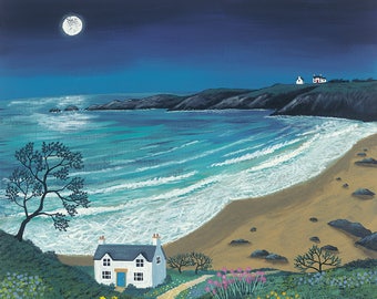 Print on paper of the sea at night with white cottage from an original acrylic painting 'The Path to Moonlight Bay' by Jo Grundy