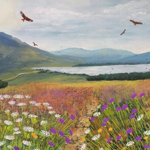 16 x 24 inch canvas print of Scottish landscape with Red Kites from an acrylic original painting 'Red Kites Over Loch Tulla' by Jo Grundy