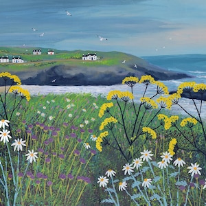 Print on paper of a sea scene with lighthouse and cottages from an original painting 'Headland Cottages' by Jo Grundy