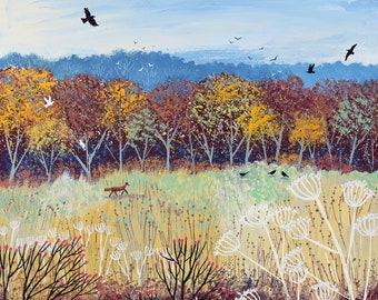 Canvas print of an English landscape in autumn with fox and birds from an original acrylic painting 'Burnished Gold' by Jo Grundy
