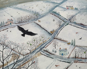 Canvas print of winter landscape with crow from an original acrylic painting 'As the Crow Flies' by Jo Grundy available in two sizes
