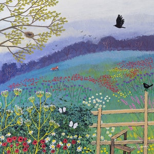 Canvas print of English landscape with stile and fox from an original mixed media painting 'Over the Stile' by Jo Grundy