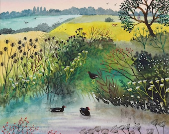 Print on paper of English landscape with Moorhens from an original painting 'Evening at Moorhen Pool' by Jo Grundy available in three sizes