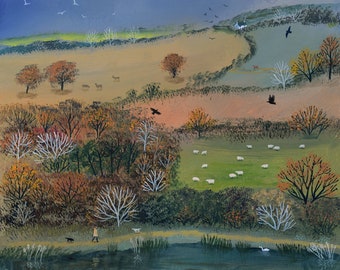 Print on paper of autumn landscape with dog walker from an original acrylic painting 'Escape with Friends' by Jo Grundy