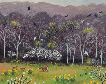 Canvas print of an English landscape in spring with foxes and birds from an original acrylic painting 'Blossoming Forth' by Jo Grundy