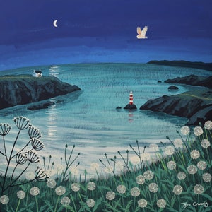 Canvas print of a seascape at night with lighthouse and owl from an original painting 'Time and Tide' by Jo Grundy