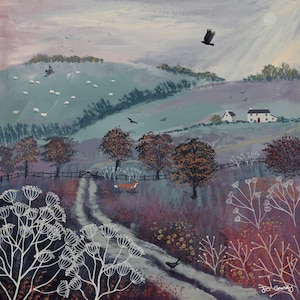 May include: A painting of a rural landscape with a small white house, a fox, and birds flying in the sky. The scene is painted in muted tones of blue, purple, and green.