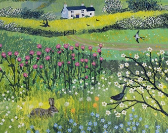 Nestled in the Meadow-print on paper of a rabbit among the wild flowers available in three sizes