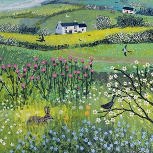 12 x 16" Canvas print of landscape with rabbit, flowers and birds from an acrylic original painting 'Nestled in the Meadow' by Jo Grundy