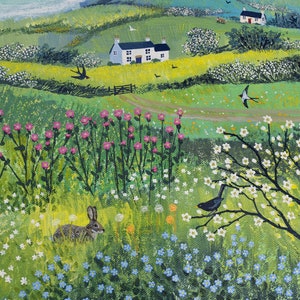 Nestled in the Meadow-print on paper of a rabbit among the wild flowers available in three sizes