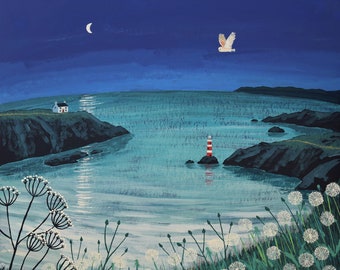 Print on paper of a seascape at night with lighthouse and owl from an  original painting 'Time and Tide' by Jo Grundy