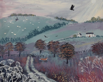 Print on paper of a landscape in autumn with fox, cottages and birds from an original acrylic painting 'Autumn Dusk' by Jo Grundy