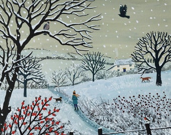 Winter print on canvas from an original acrylic painting &#39;A Snowy Walk&#39; by Jo Grundy available in two sizes