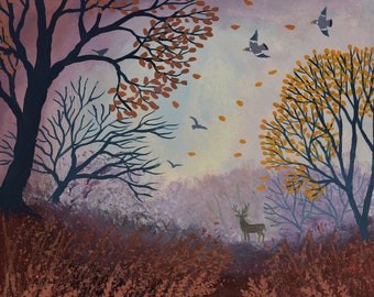 Print on paper of an atmospheric autumn landscape with stag from an original acrylic painting 'November Dusk' by Jo Grundy