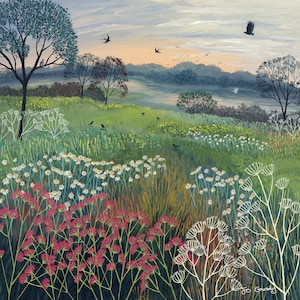 Canvas print of a landscape on a summer's evening from an original acrylic painting 'Summer's Eve' by Jo Grundy available in two sizes
