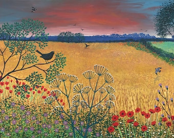 Print on paper of English landscape with cornfields and blackbird from an original acrylic painting 'Harvest Song' by Jo Grundy