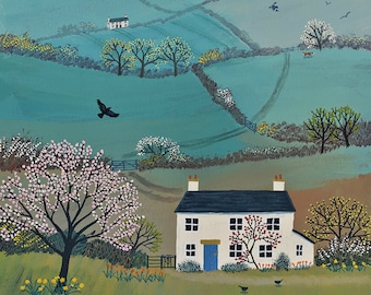 Print on paper of an English landscape in spring from an original acrylic painting 'Across Spring Hills' by Jo Grundy