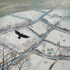 May include: A snowy winter landscape with a black crow flying over a white field. There are two small houses in the distance, and a few trees scattered throughout the scene. The sky is a light blue with a few clouds.