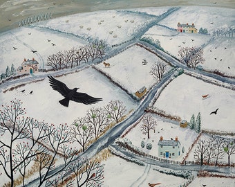 Winter print on paper of English countryside with flying crow from an original acrylic painting 'As the Crow Flies' by Jo Grundy