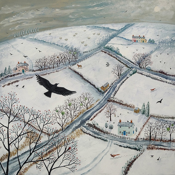 Winter print on paper of English countryside with flying crow from an original acrylic painting 'As the Crow Flies' by Jo Grundy
