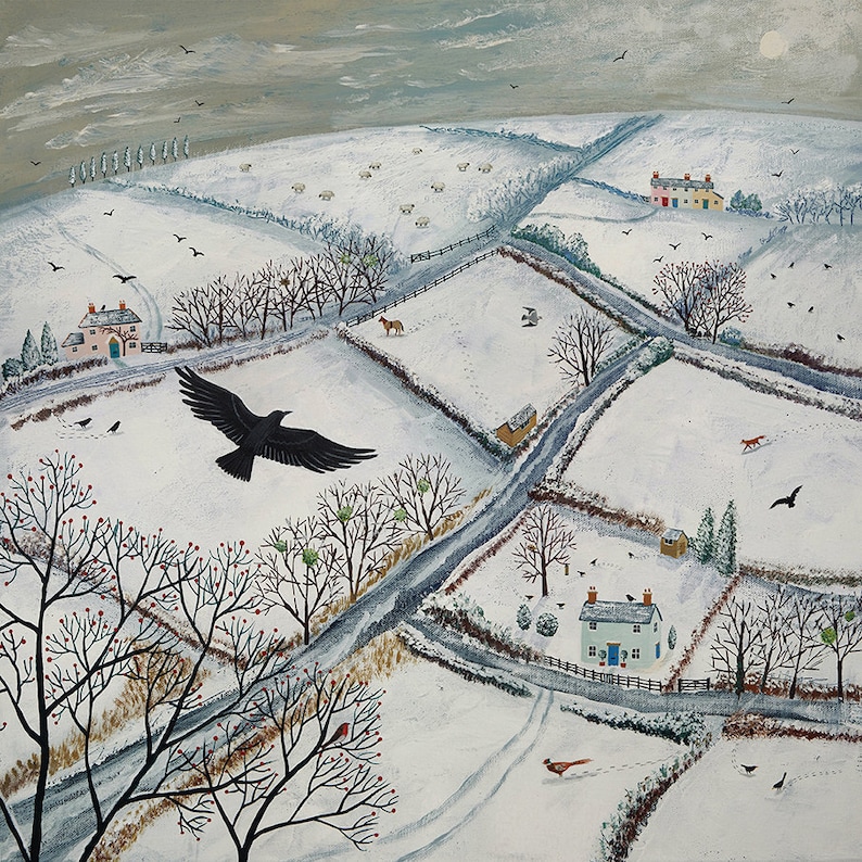 May include: A snowy winter landscape with a black crow flying over a white field. There are two small houses in the distance, and a few trees scattered throughout the scene. The sky is a light blue with a few clouds.