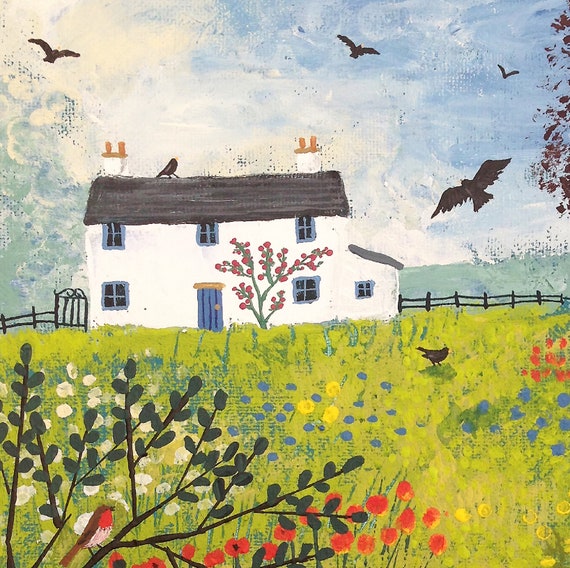 Canvas Print of English Flower Meadow With White Cottage and Fox