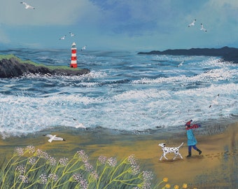Coastal print on canvas with dalmatian printed from an original acrylic painting &#39;Windswept&#39; by Jo Grundy available in two sizes