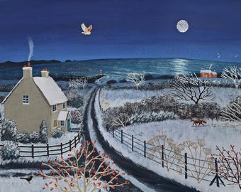 Impresión en lienzo de 16" x 22" de una escena invernal con una cabaña junto al mar impresa a partir de una pintura acrílica 'Una noche fría junto al mar' de Jo Grundy