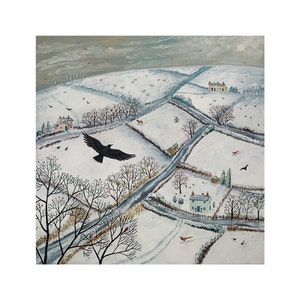 May include: A snowy winter landscape painting with a black crow flying over a white field. There are small houses and trees in the distance. The painting is done in a whimsical style with a light blue sky and white snow.