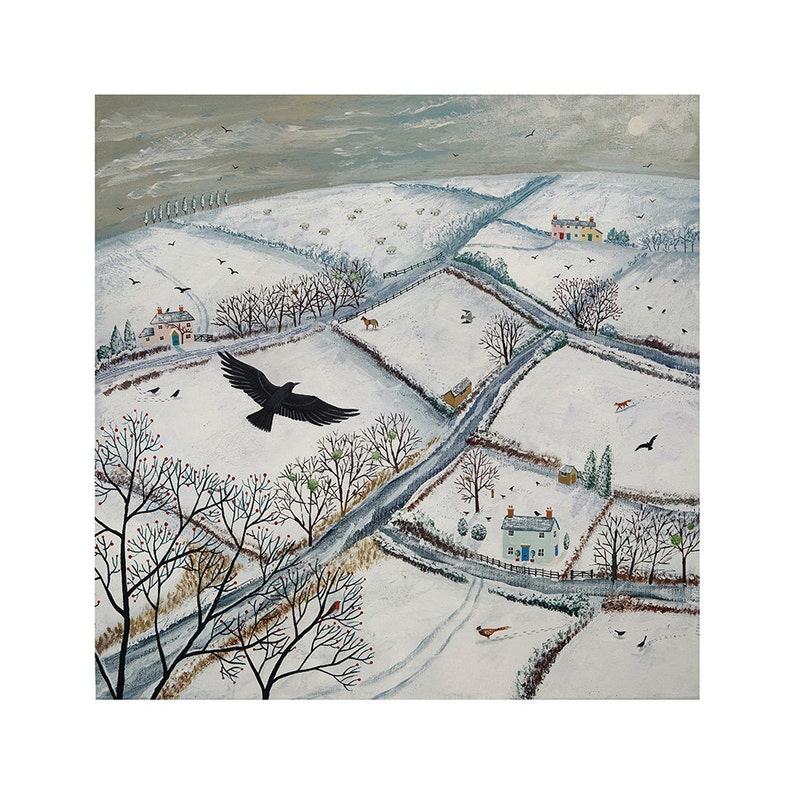 May include: A snowy winter landscape painting with a black crow flying over a white field. There are small houses and trees in the distance. The painting is done in a whimsical style with a light blue sky and white snow.