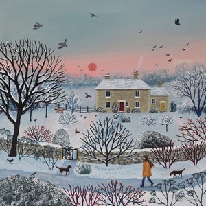 Winter print on canvas with dog walker and cottage from an original acrylic painting 'Nearly Home' by Jo Grundy available in two sizes