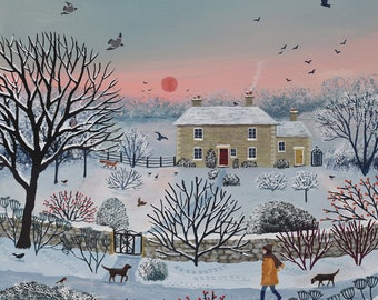 Winter canvas, wall art print with dog walker and cottage from an original acrylic painting &#39;Nearly Home&#39; by Jo Grundy, comes in two sizes