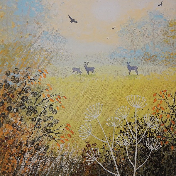 Canvas print of English countryside in autumn with deers from an original acrylic painting 'October Dawn' by Jo Grundy