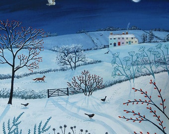 Winter print on paper from an acrylic original painting 'One Snowy Night' by Jo Grundy