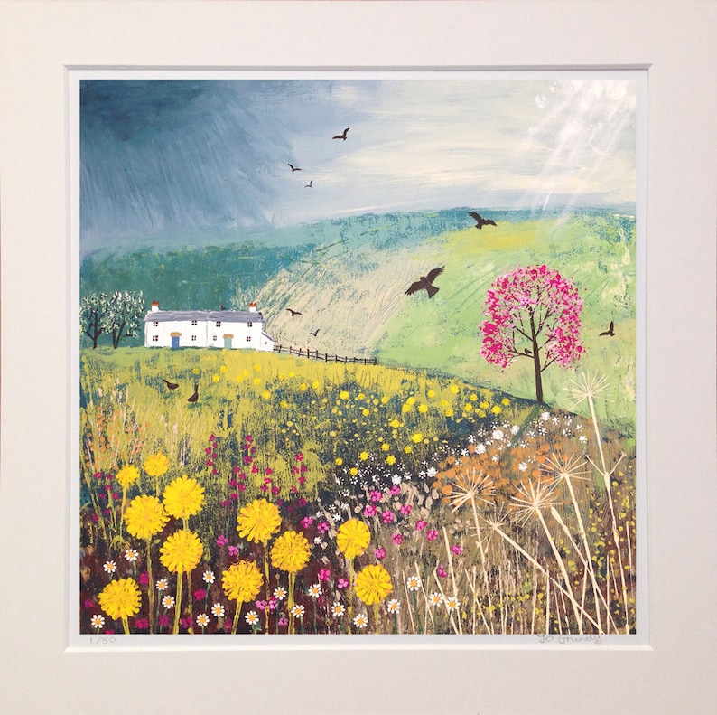 Mounted print of English countryside in spring with pink blossom tree from an original acrylic painting 'April Showers' by Jo Grundy image 1