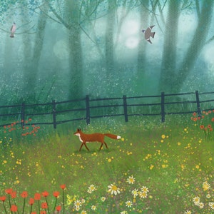 May include: A red fox walks through a green meadow with a black fence in the background. The meadow is filled with wildflowers, including red poppies and white daisies. Two birds fly in the distance.
