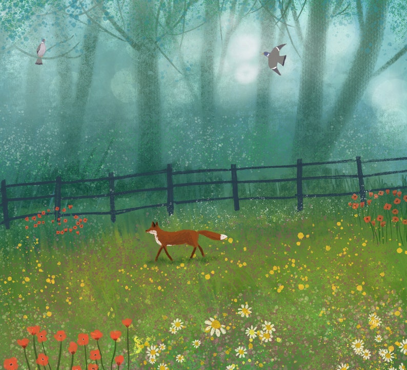 May include: A red fox walks through a green meadow with a black fence in the background. The meadow is filled with wildflowers, including red poppies and white daisies. Two birds fly in the distance.