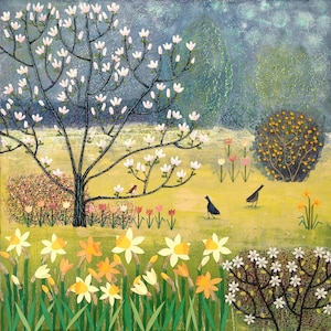 Canvas print of English country garden in spring with daffodils from an original mixed media painting 'Spring Garden' by Jo Grundy