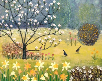 Canvas print of English country garden in spring with daffodils from an original mixed media painting &#39;Spring Garden&#39; by Jo Grundy